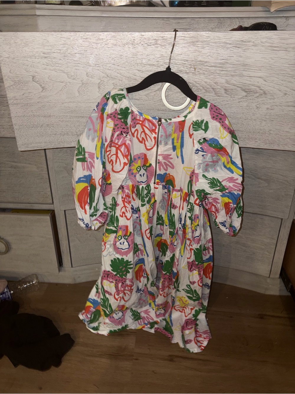 Stella McCartney White Dress with Multicolor Parrot & Leaf Print